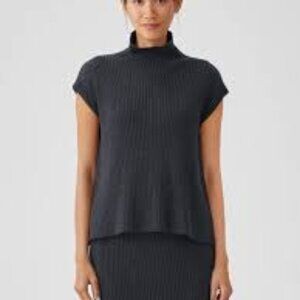 Eileen Fisher Black mock neck merino wool rib sweater S/M